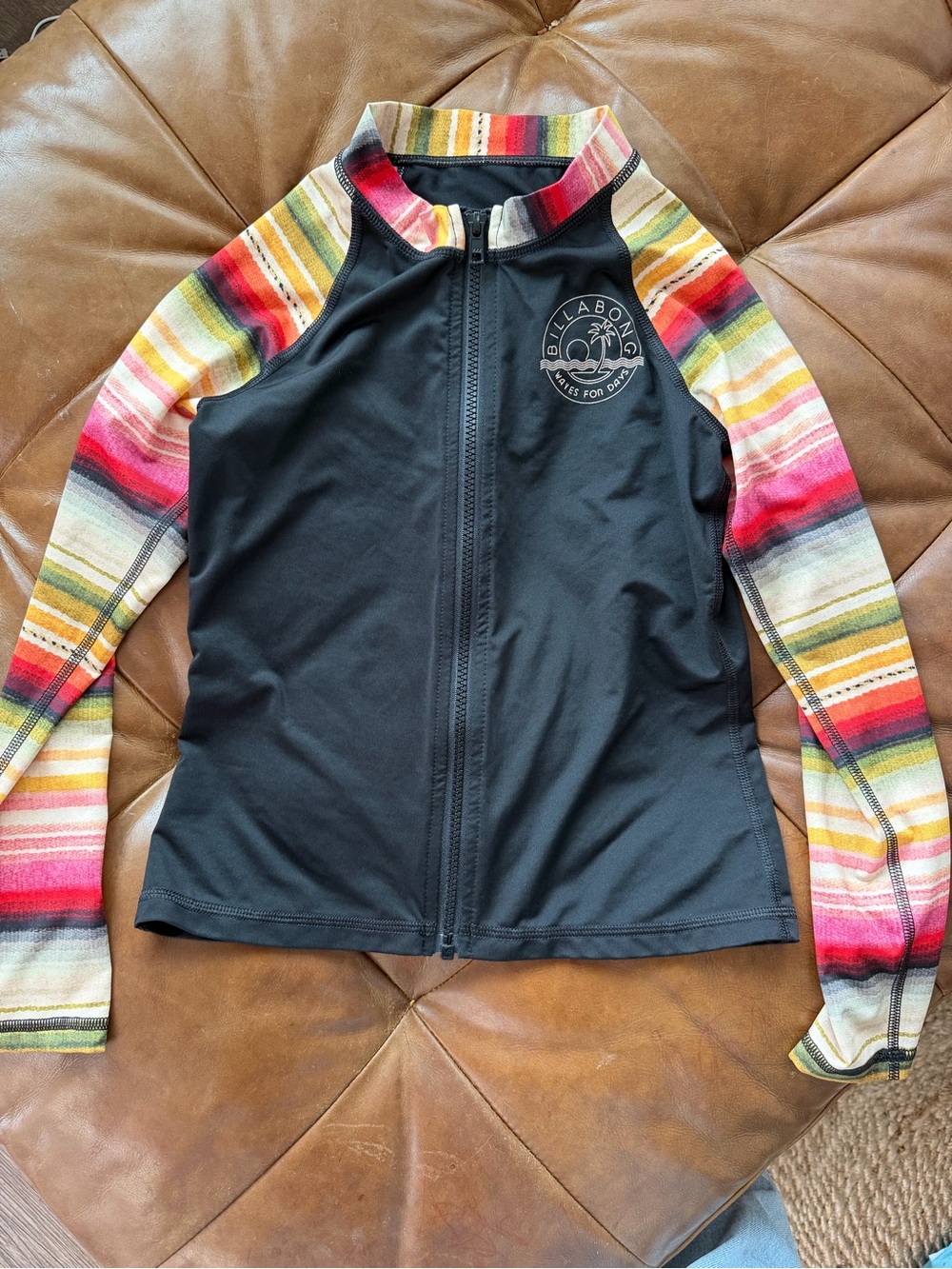 Billabong Black Long-Sleeve Rash Guard with Multicolor Stripe Sleeves